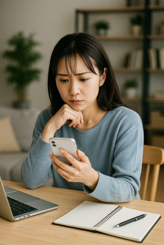 スマホを見て難しい顔をしている女性
