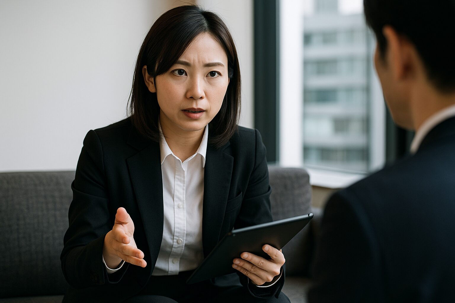 やわらかな自然光が差し込むオフィスのソファに座り、黒いスーツと白いシャツを着た日本人女性生保レディが、タブレット端末を手に真剣な表情で顧客に説明している写真。