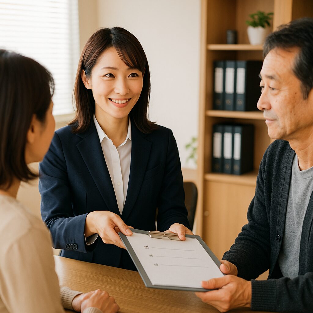 明るいオフィスで、ネイビーブレザーを着た日本人女性探偵がクリップボードを中年夫婦に手渡している様子。探偵は笑顔で、夫婦は安心した表情で書類を受け取ろうとしている。