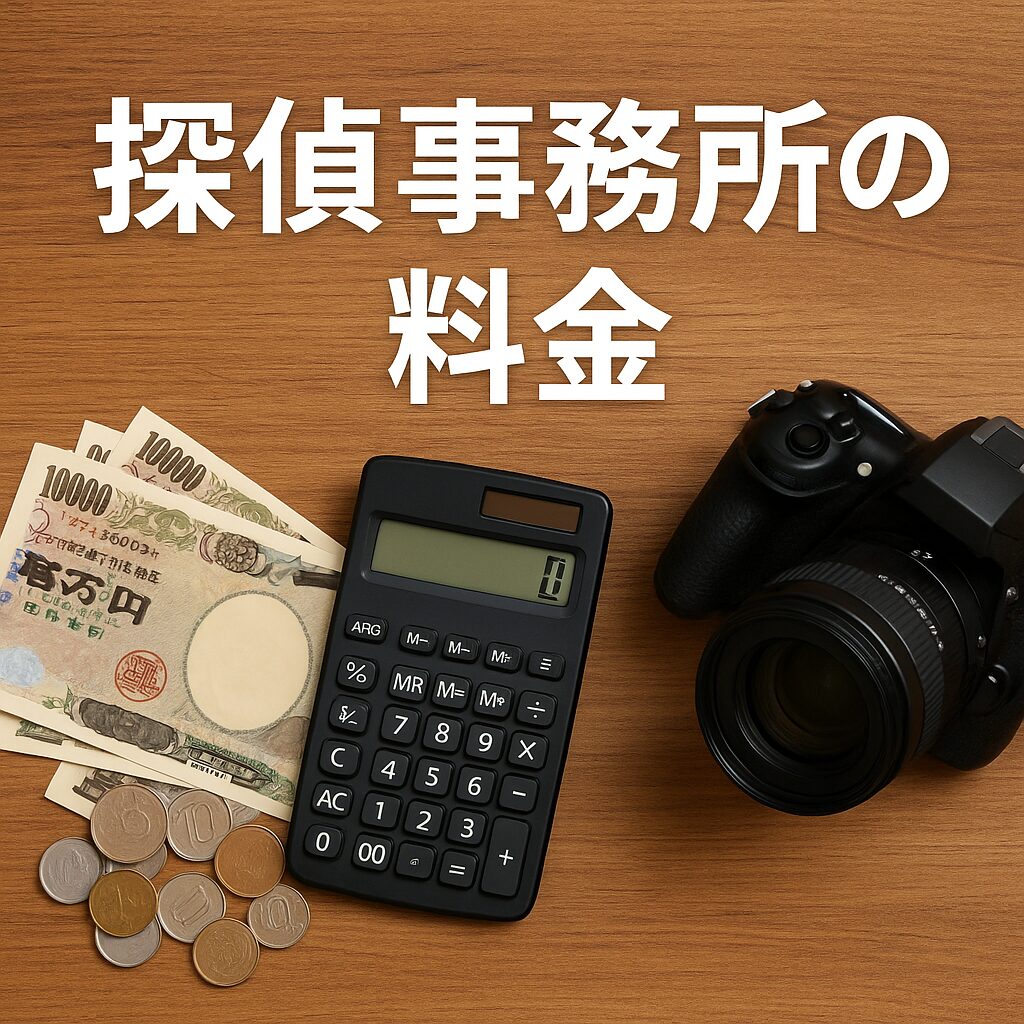 木製のデスク上に、10千円札と硬貨が数枚、電卓、そして一眼レフカメラが並ぶ写真。背景には大きく白い文字で『探偵事務所の料金』と記され、調査費用のイメージを強調している。