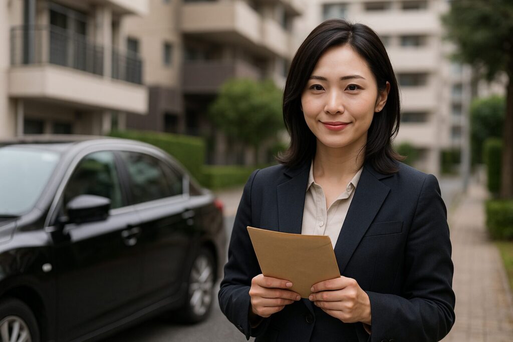 都市の住宅街を背景に、ダークスーツを着た30代の日本人女性が茶封筒を手に穏やかに微笑む。控えめながら自信を感じさせる姿が、調査成功後に慰謝料請求へ踏み出す依頼者の凛とした姿を象徴している。