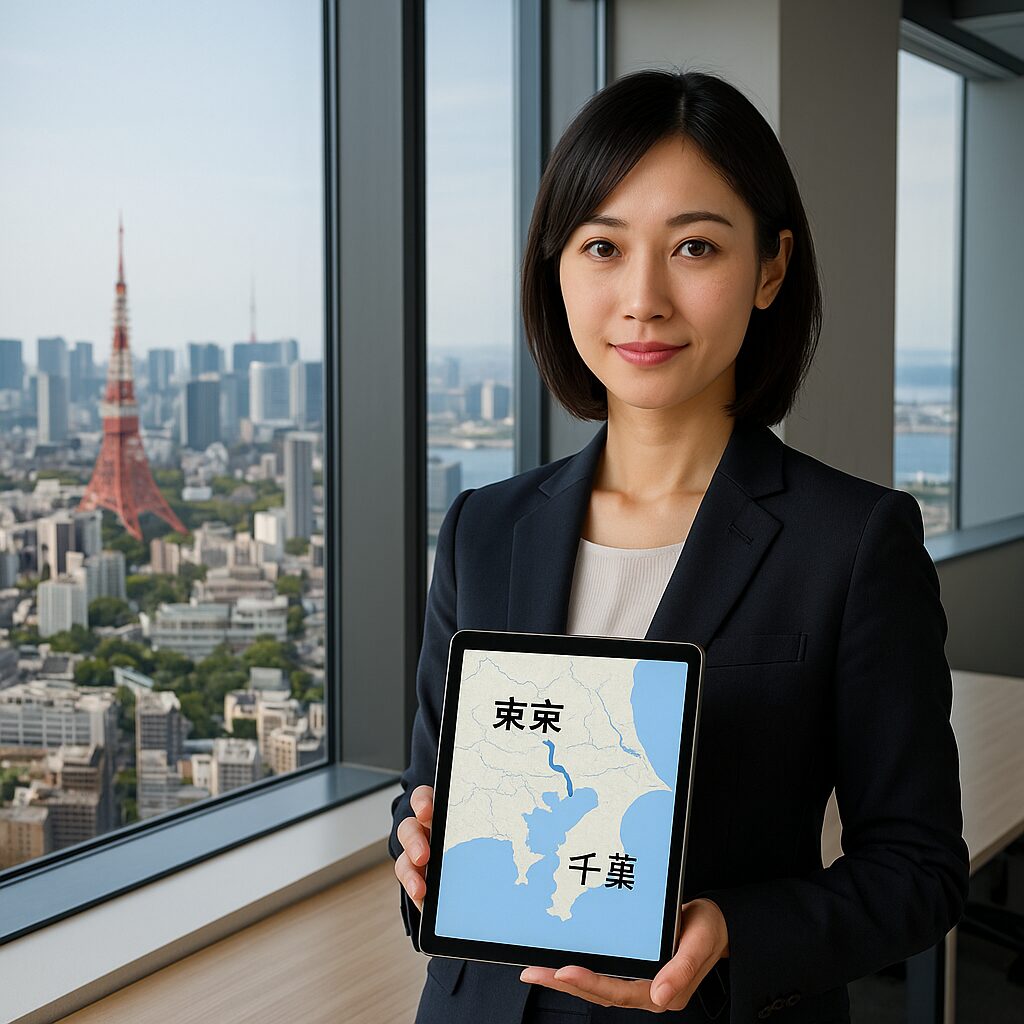 東京・渋谷の高層ビルオフィスで、黒いスーツ姿の日本人女性探偵がタブレットを掲げている写真。タブレットには東京と千葉を示す地図が表示され、窓の外には東京タワーや遠くの千葉方面が見える。