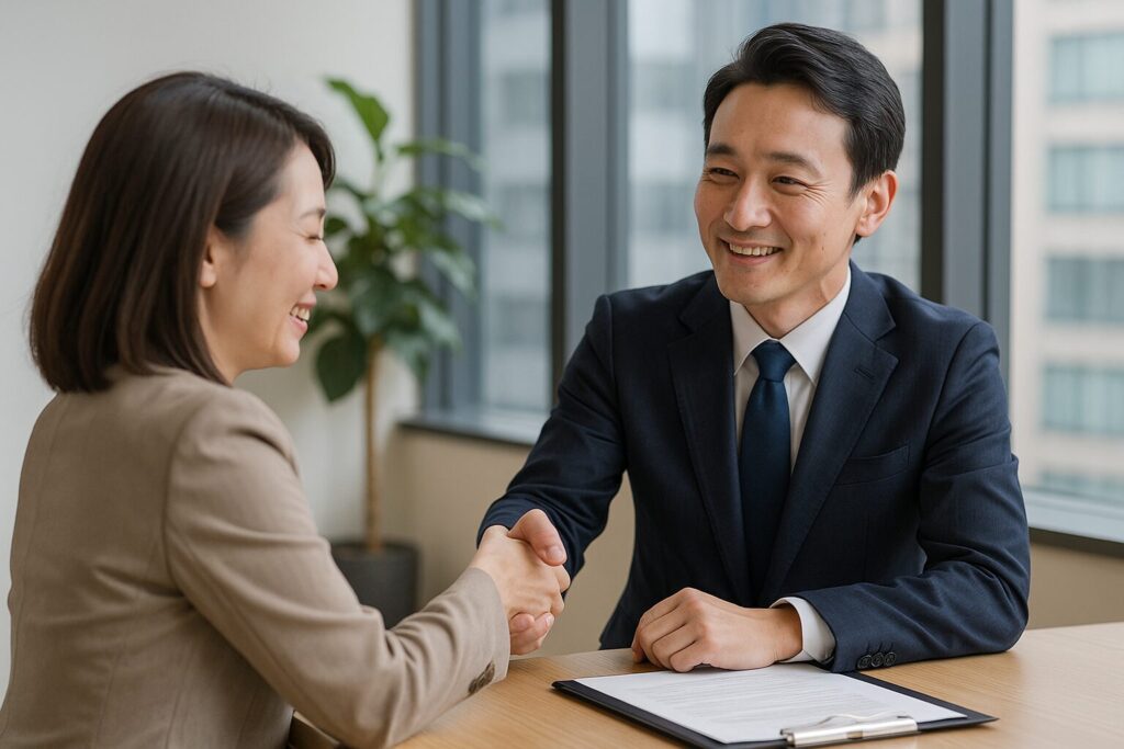 明るいオフィスの窓際で、ネイビースーツの日本人探偵が机越しに女性クライアントと握手し、笑顔で解決策を共有しているシーン。