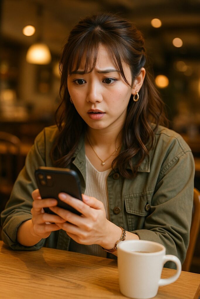 カフェのテーブル席でスマートフォンを両手で握りしめ、驚きと不安が入り混じった表情を浮かべる若い日本人女性。静かな室内の明かりと背景のぼかしが、“SNSに振り回される心の揺らぎ”を繊細に映し出している。