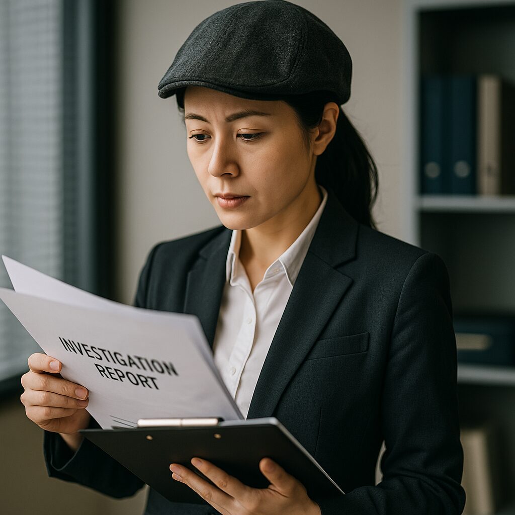 調査資料を確認しているスーツ姿の女性探偵