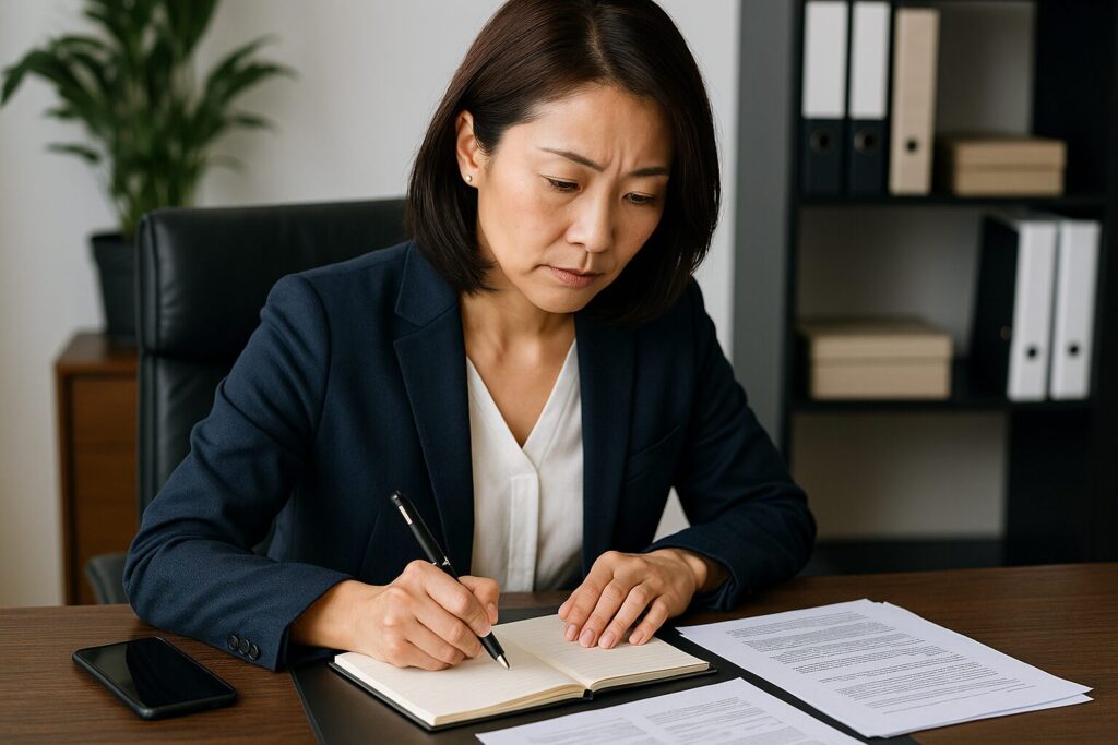 ネイビーブレザーを着た40代の日本人女性が、暗めのオフィスで机の上に開いたノートにペンを走らせ、横にはスマートフォンと複数の書類が置かれている様子を捉えた写真。