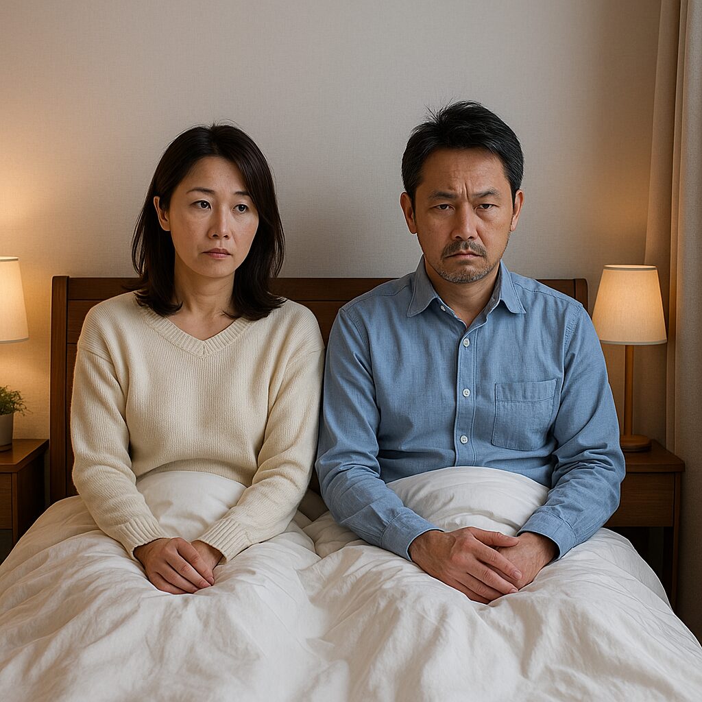 ニュートラルなトーンの寝室で、ネイビーのパジャマを着た40代の日本人夫婦がダブルベッドに並んで座り、互いに距離を感じるように前を見つめている写真。