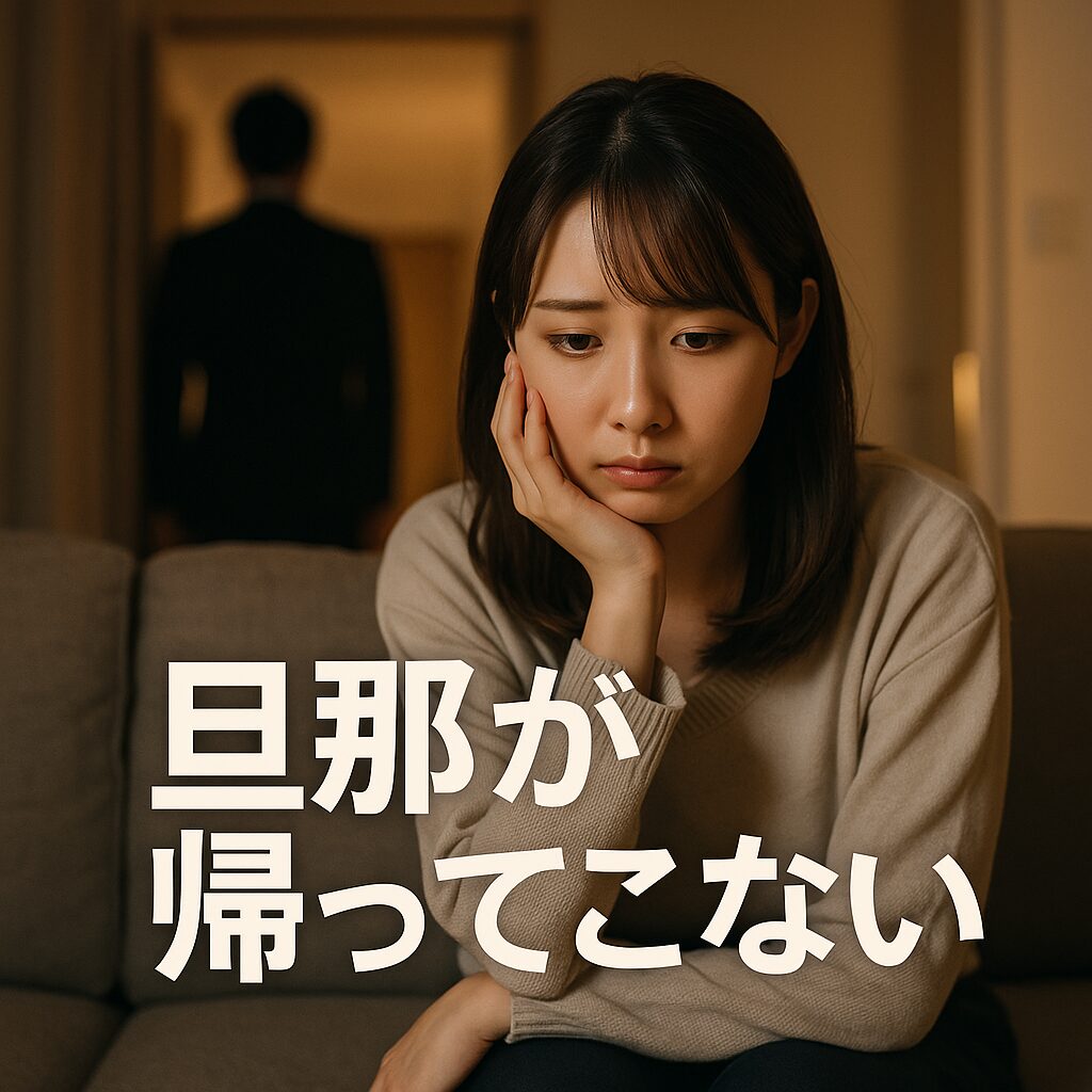 不安げな表情でソファに座る若い日本人女性。部屋の奥にはぼんやりと男性のシルエットが立っており、手前の女性はうつむきながら「旦那が帰ってこない」という心情を表現している。温かい照明の中に漂う沈黙と緊張感が印象的な一枚。