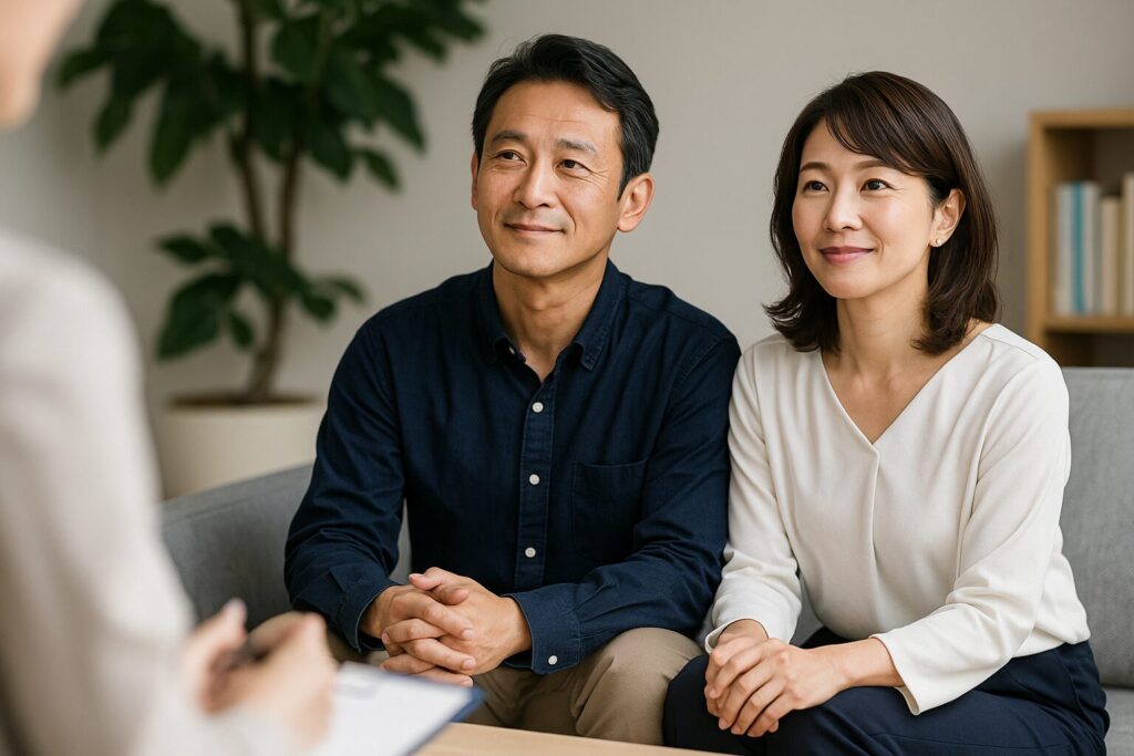 落ち着いた相談室で、ネイビーブルーのシャツを着た40代くらいの日本人男性と白いブラウスを着た40代くらいの日本人女性が並んで座り、優しい表情で未来を見つめる様子を捉えた写真。