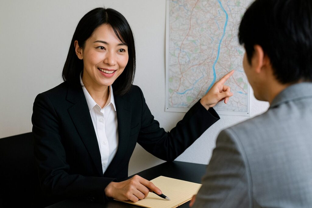 明るいオフィスで、黒いスーツの日本人女性探偵が壁の地図を指しながら男性依頼者に説明している写真。探偵は笑顔でクライアントに最適なプランを示し、手前のノートにメモを取る準備をしている。