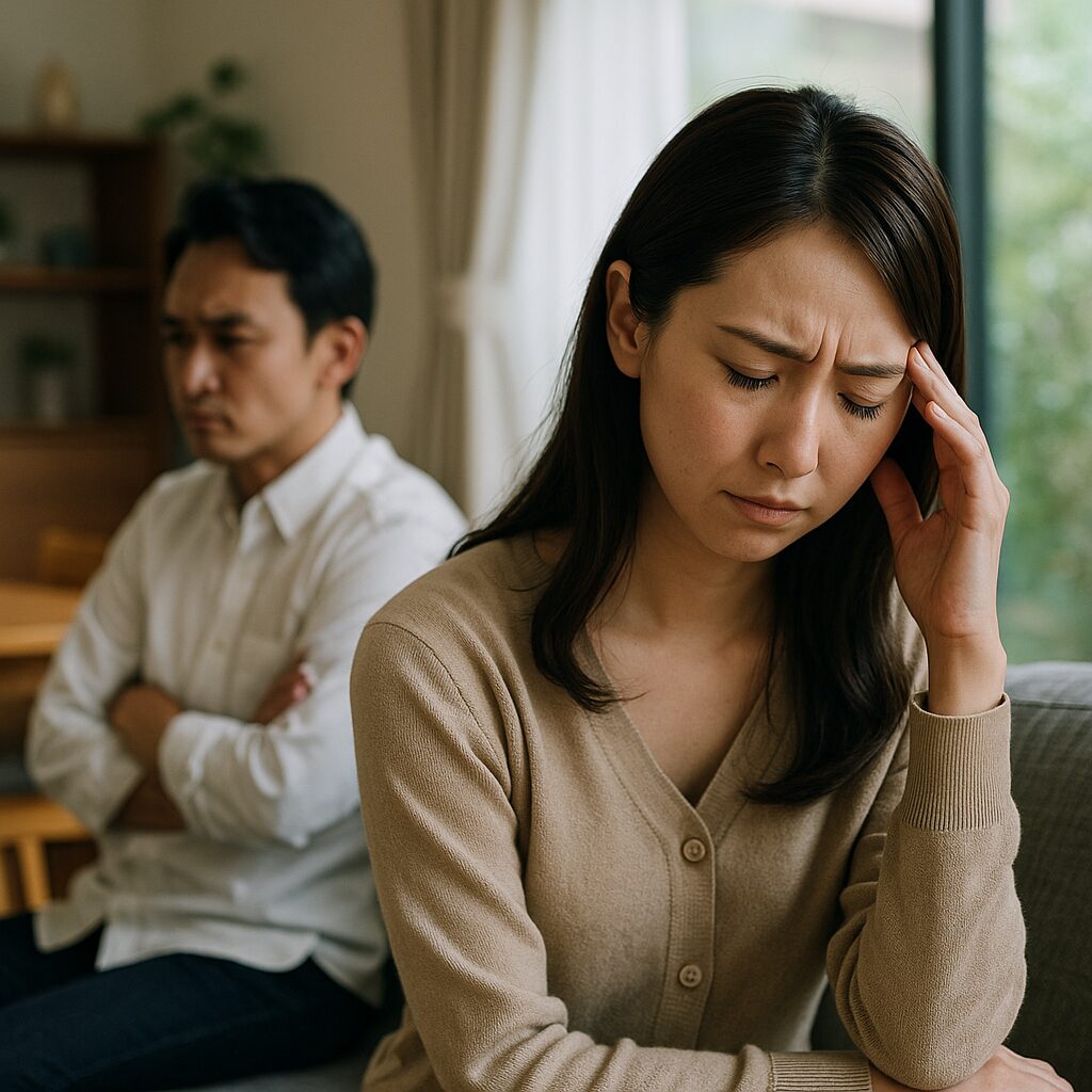 リビングに座る日本人夫婦。女性はソファで頭を抱えてうつむき、男性は後ろのダイニングで腕を組み、視線をそらしている。部屋には沈黙と緊張感が漂い、“家庭がストレスの場”となっている空気がにじむ。