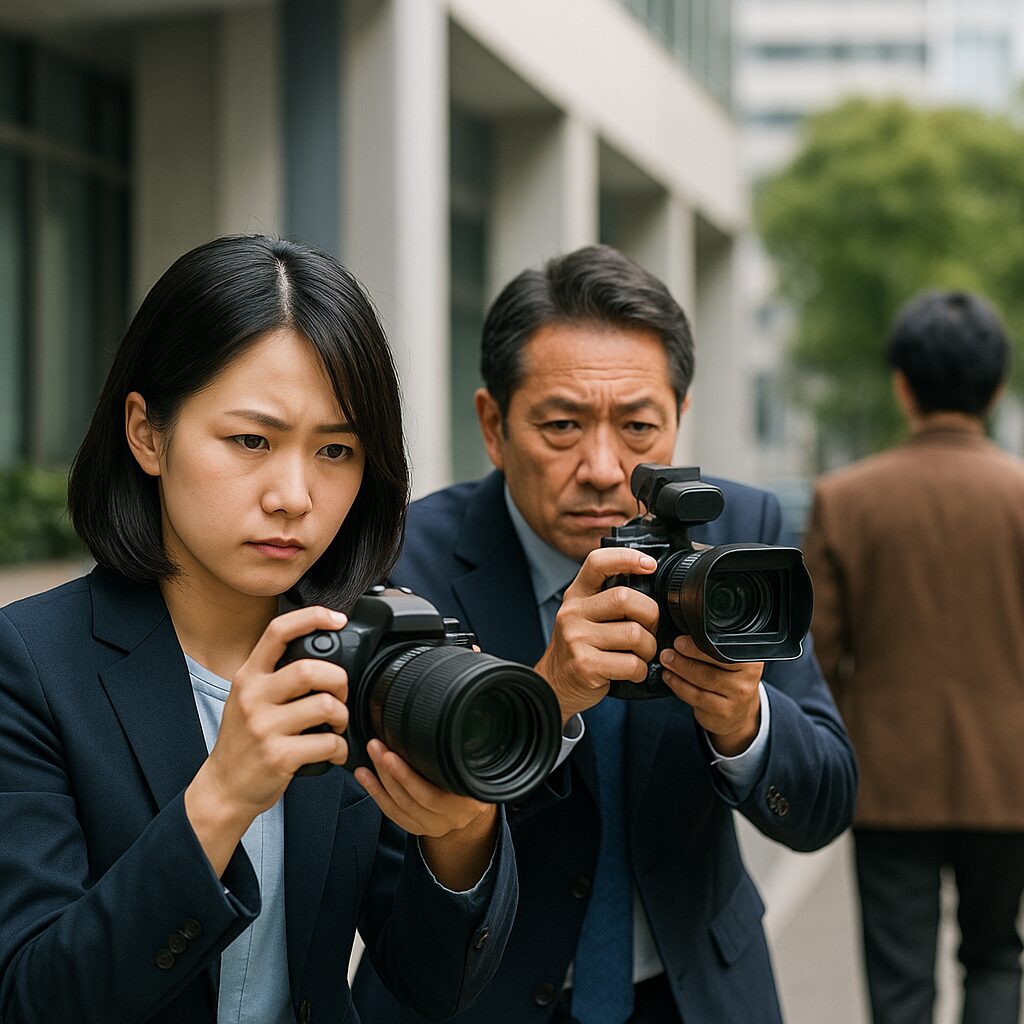 繁華街の路地裏で、ネイビースーツを着た若い女性探偵が一眼レフカメラを構え、背後で中年の男性探偵がビデオカメラを持って尾行対象を撮影している様子。