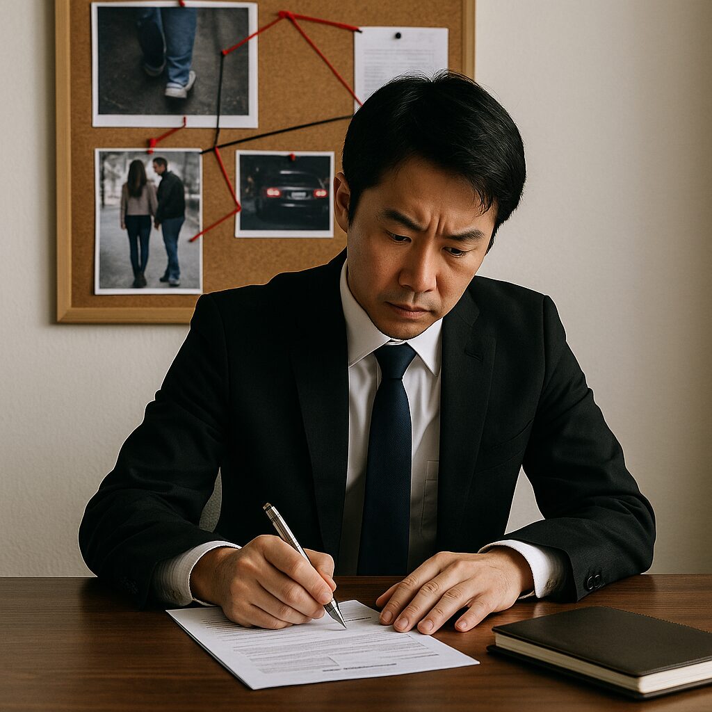 オフィスの机に向かい、証拠写真が貼られたコルクボードを背にした探偵が、真剣な表情でデスク上の書類に書き込みをしている様子を捉えた写真。