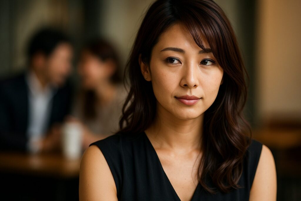 落ち着いた照明のカフェで、視線を横に流しながら微笑む若い日本人女性。後方には親密そうに話す男女がぼんやりと映り、彼女の静かな表情と背景の空気感が“人のものを奪うことに慣れた女性”を思わせる構図になっている。