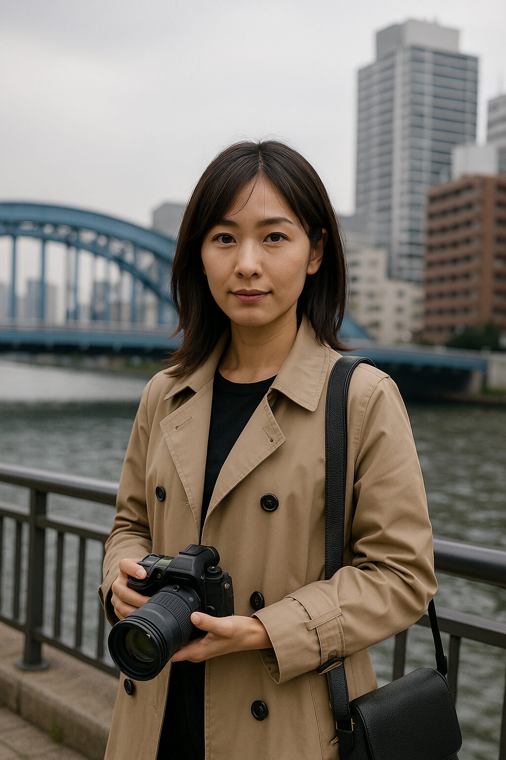 東京の川沿いで、ベージュのトレンチコートを着た日本人女性探偵が一眼レフカメラを手に立っている写真。背景には青い鉄橋と高層ビルが映り込み、探偵らしい落ち着いた表情で前方を見つめている。