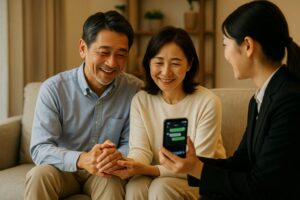 リビングのソファに並んで座る40代の日本人夫婦が、探偵が手に持つスマートフォンの画面を見つめながら、安心した笑顔を浮かべている写真。