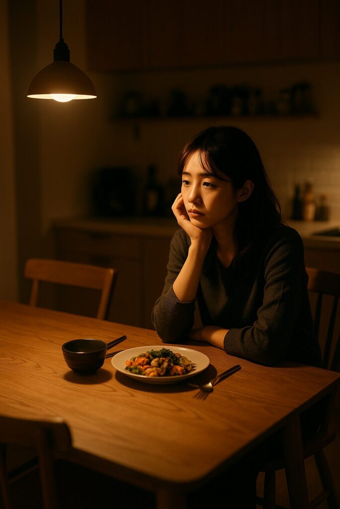 夜の台所でひとりテーブルに座る日本人女性。食事が並ぶ中、空いた椅子を見つめてぼんやりとした表情を浮かべており、「帰宅しない夫」を待つ時間の孤独感と静寂がにじみ出ている。