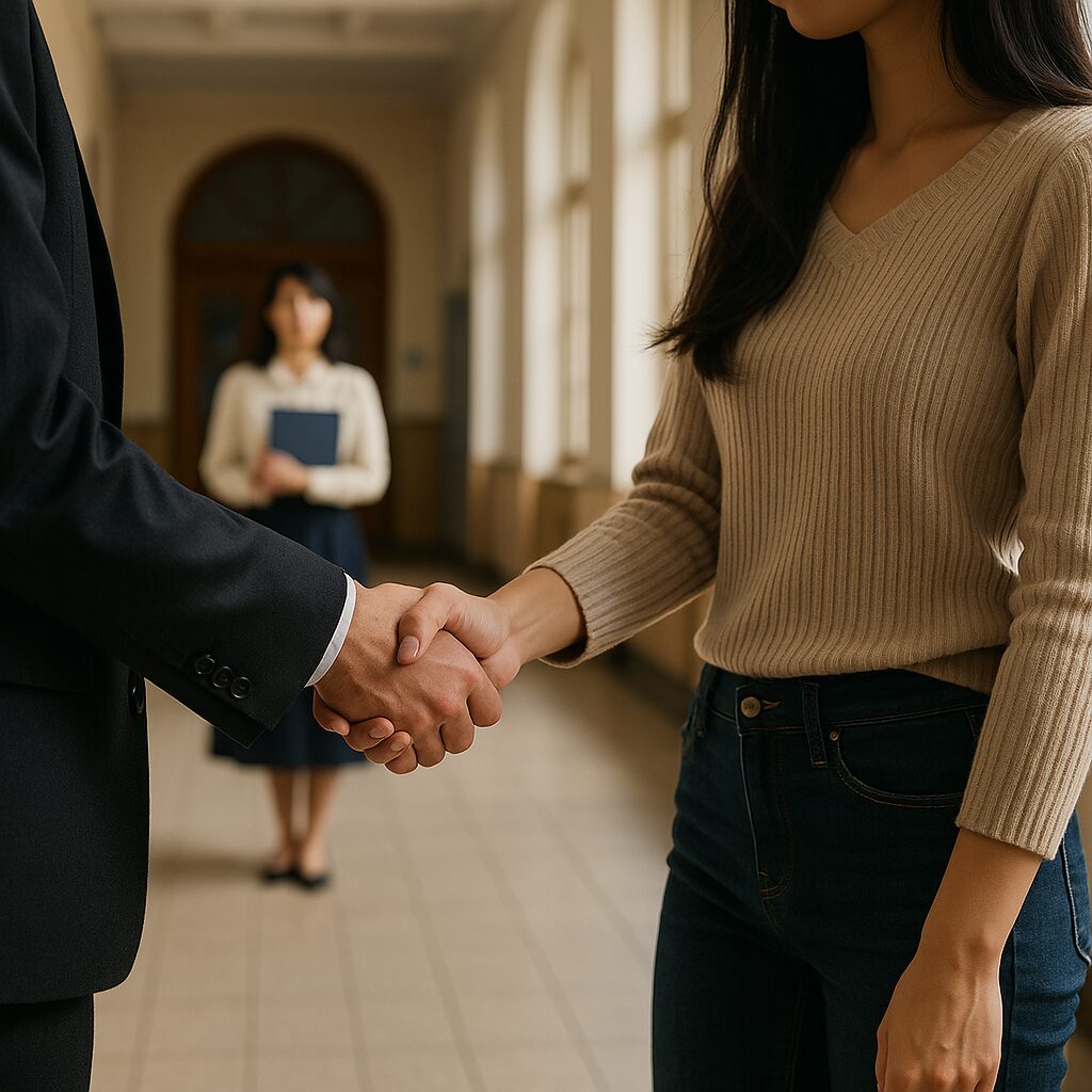 学校の廊下で、タイル張りの床を背景に、ベージュのニットを着た日本人女性と黒のスーツを着た男性が目立たないように手を差し伸べ合う様子。奥には教室のドアが並び、教師が書類を持って遠くから見守っているシーン。