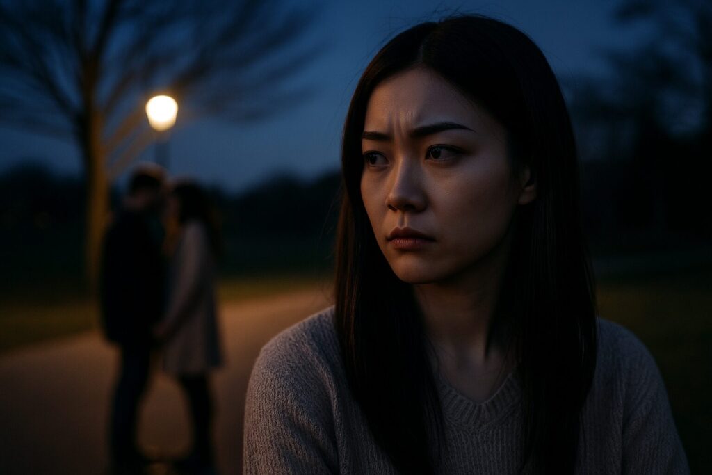 夕暮れの公園で立ち尽くす日本人女性。遠くには街灯の下で親密に話すカップルのシルエットがぼんやり映り、女性は不信感と哀しみの混ざった表情でその様子を見つめている。“裏切り”の空気が静かに漂う。