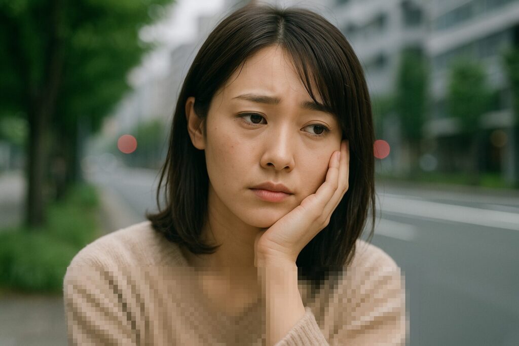 街路樹の並ぶ道路脇で頬に手を当て、寂しげにうつむく20代の日本人女性。柔らかなニットを着て、どこか物思いにふける表情が、“寂しさを埋めたい”という内面を静かに語るような構図。