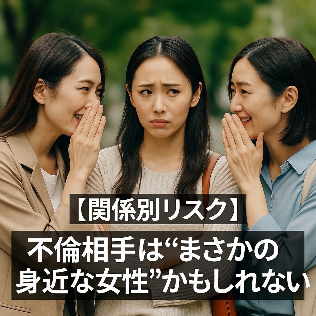 緑の木々が並ぶ遊歩道で、三人の日本人女性が会話を交わしている。両端の二人は口元を隠しながら何かをささやき、中間の女性は不安げな表情で前を見つめる。身近な女性の中に“不倫相手がいるかもしれない”という疑念を想起させるシーン。