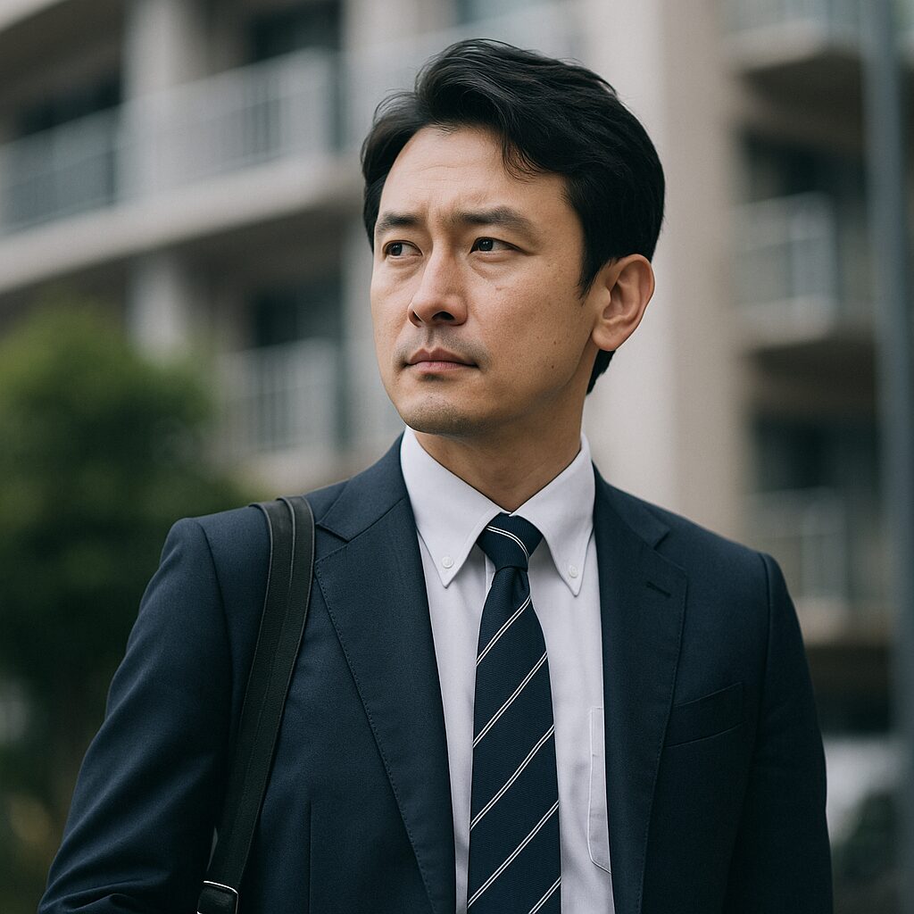 ネイビースーツを着た30代の日本人男性が、都心の街角で真剣な表情を浮かべて立っている。背景にはモダンなマンションと緑の木々がぼんやり映り、仕事帰りの既婚男性を思わせる落ち着いた雰囲気の一枚。