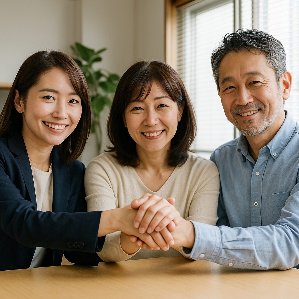 ナチュラルなオフィスで、40代の日本人カップルが探偵エージェントと一緒にテーブルに手を重ね、笑顔で安心感を共有している写真。