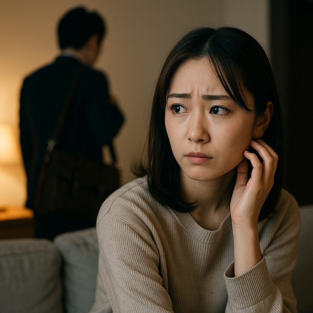 暗がりの廊下に向かって背を向けるスーツ姿の男性を背景に、不安そうな表情でソファに座る若い日本人女性。部屋は暖かい間接照明で照らされ、静かで張り詰めた空気感が漂う。
