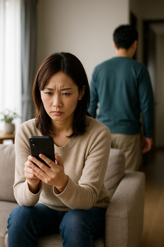リビングのソファでスマートフォンを手にした日本人女性が、画面を真剣な表情で見つめている。背景には男性が背を向けて立ち上がるシルエットが映り、浮気兆候を見逃さない緊張感を演出している。