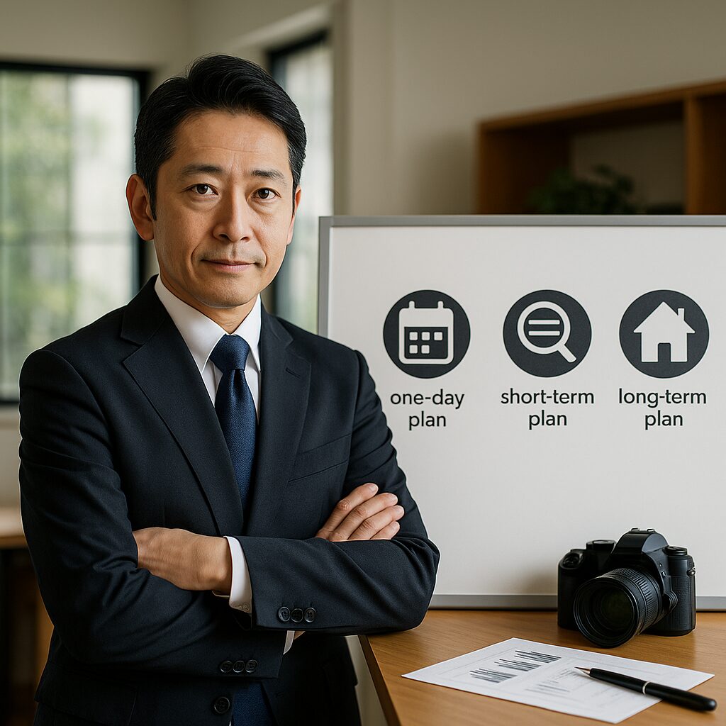 ナチュラルなオフィスで、ネイビーのスーツを着た40代後半の日本人男性探偵が、折りたたみ式プレゼンボードに貼られた3つのアイコン(1日プラン・短期プラン・長期プラン)を指し示しながら説明している写真。背景には木製の棚と観葉植物があり、温かな自然光が差し込んでいる。