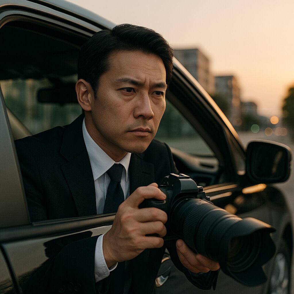夕暮れ時の街角で、黒い車の中から鋭い眼差しで周囲を警戒するスーツ姿の日本人男性探偵。手には大型の一眼レフカメラを構え、張り込み中の緊迫した空気と集中力を感じさせるワンシーン。
