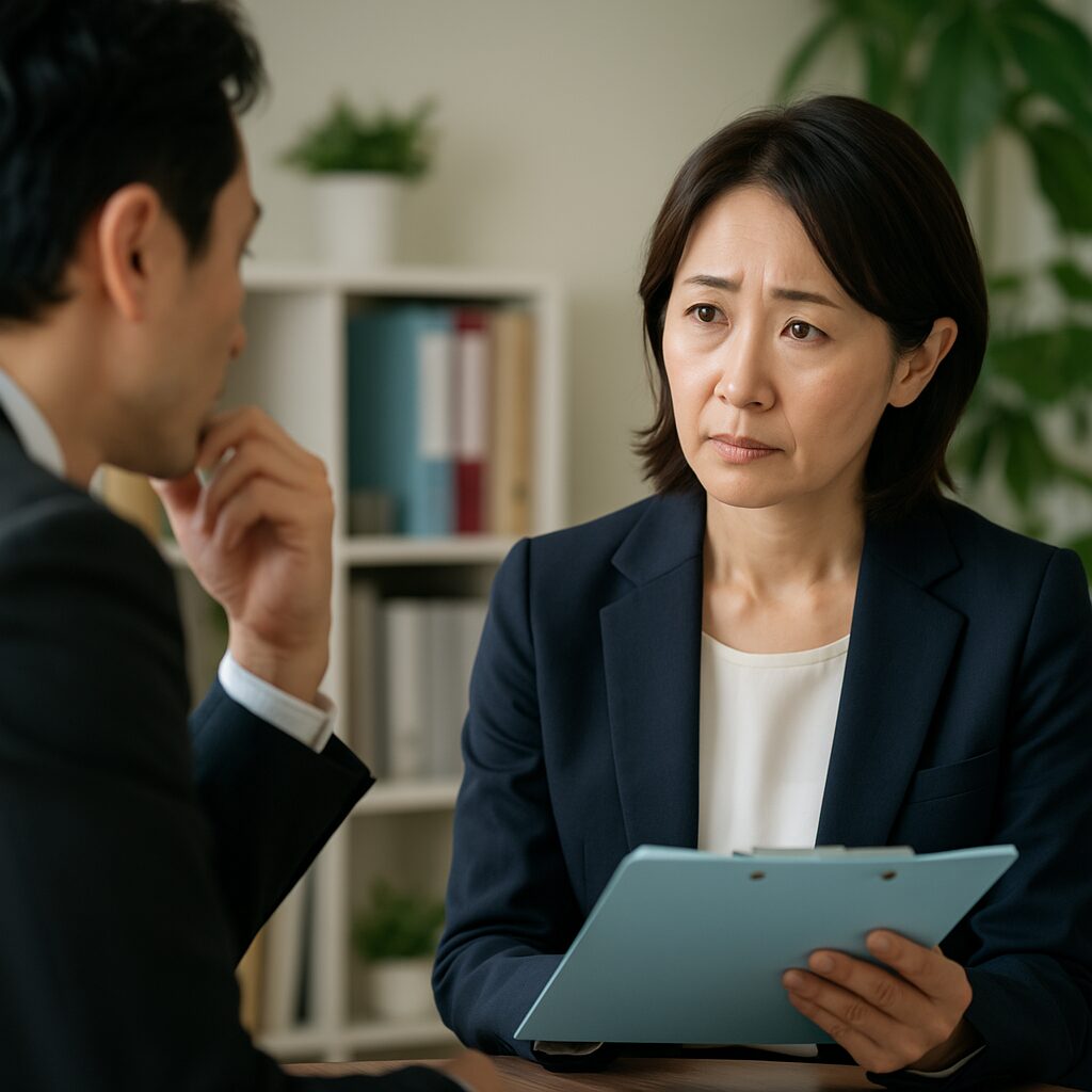 明るいオフィスで、中年の日本人女性が真剣な表情で相談者の話を聞きながら、青いバインダーを手にしている。対面には男性が座り、顎に手を当てて考え込む様子。弁護士・カウンセラーとの冷静な連携をイメージさせる一場面。