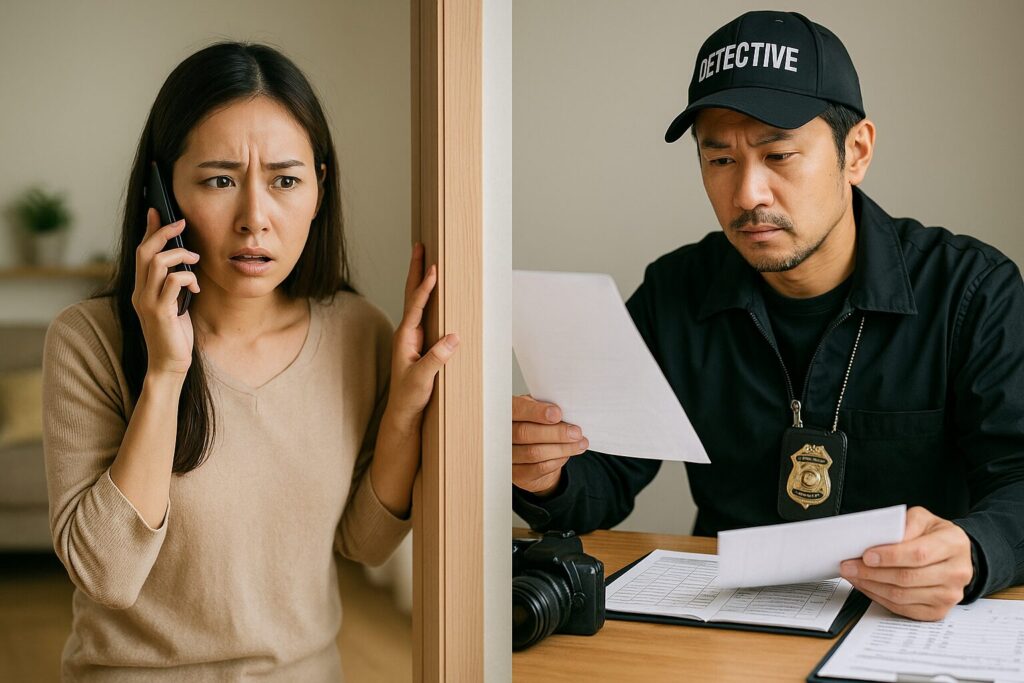 自宅のリビングのドア枠に片手をかけ、スマートフォンを耳に当てて困惑した表情で話す日本人女性のクローズアップ写真。背景にはソファと観葉植物が見える。
