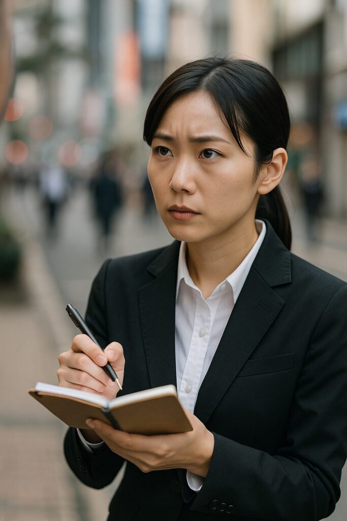 メモ帳を持ち真剣な表情で聞く女性調査員風の人物