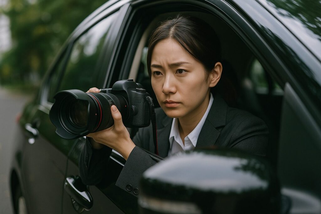 黒い車の窓からカメラを構え、真剣な眼差しで監視を続けるスーツ姿の日本人女性探偵。外には緑の並木道が広がり、調査現場の緊張感と集中力が伝わる。