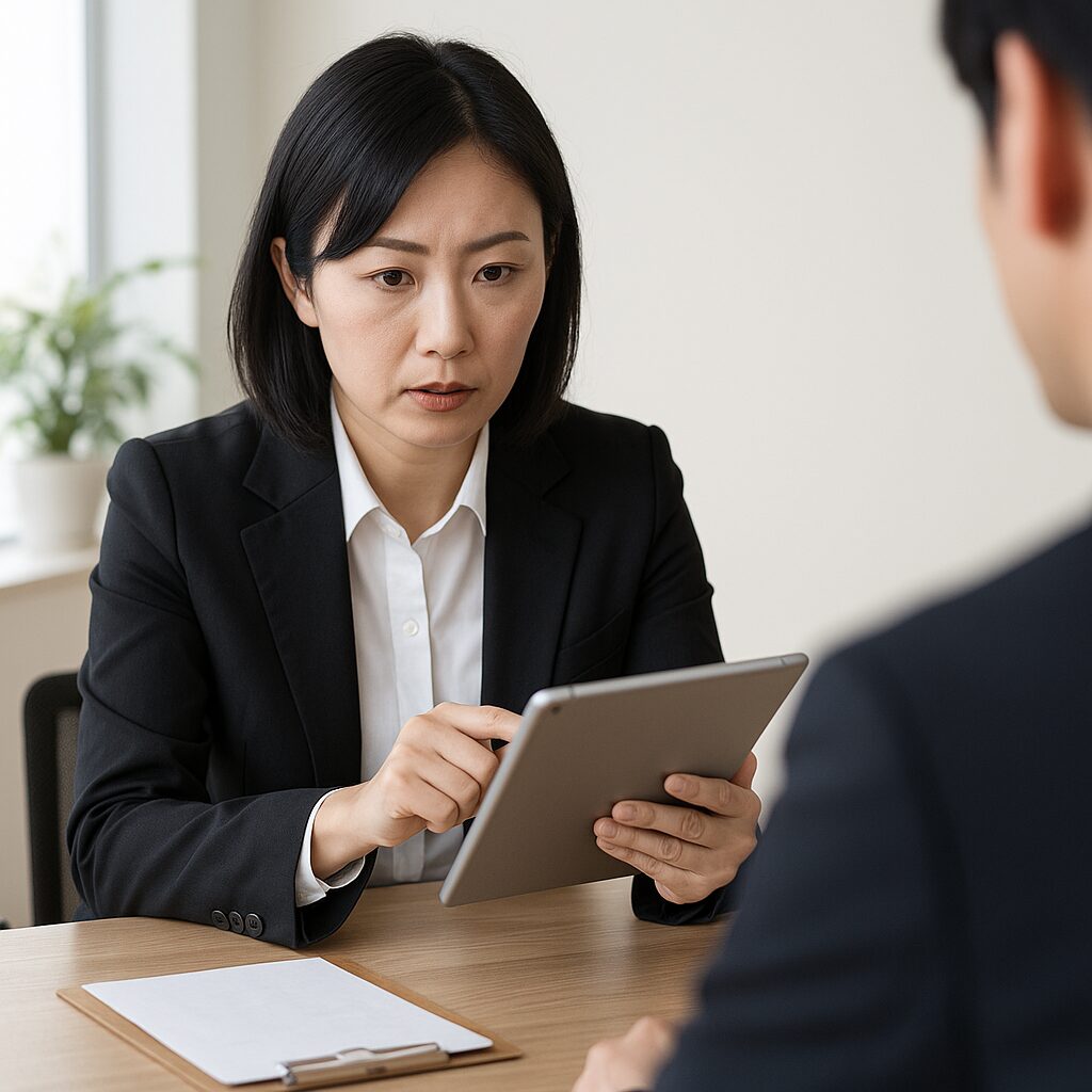 やわらかな自然光が差し込むオフィスで、黒いスーツと白いシャツを着た日本人女性生保レディがデスク越しに顧客に真剣な表情でタブレット端末を見せながら説明している様子