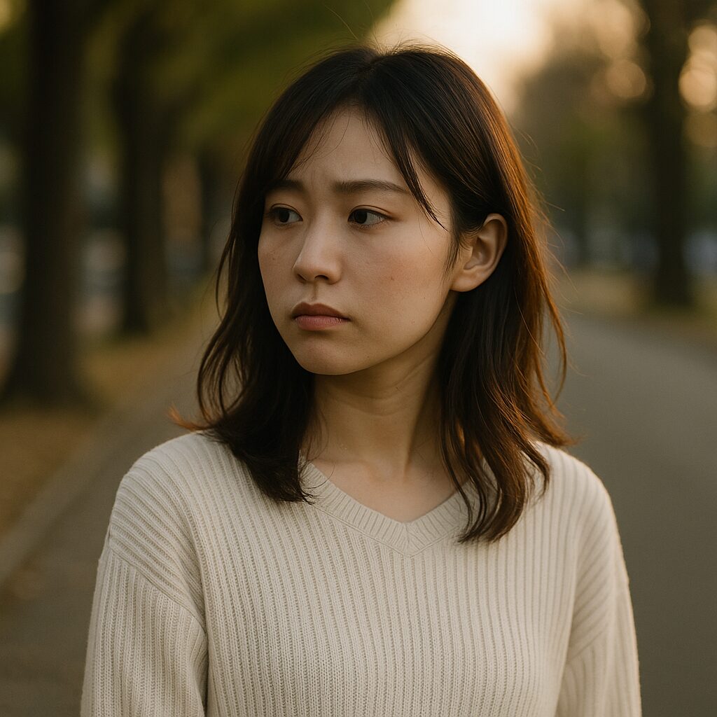 夕暮れの並木道に立ち、物思いにふけるような表情で遠くを見つめる20代の日本人女性。クリーム色のセーターに包まれた姿は繊細で、自己肯定感の低さや「誰かに選ばれたい」という感情が静かににじみ出ている。