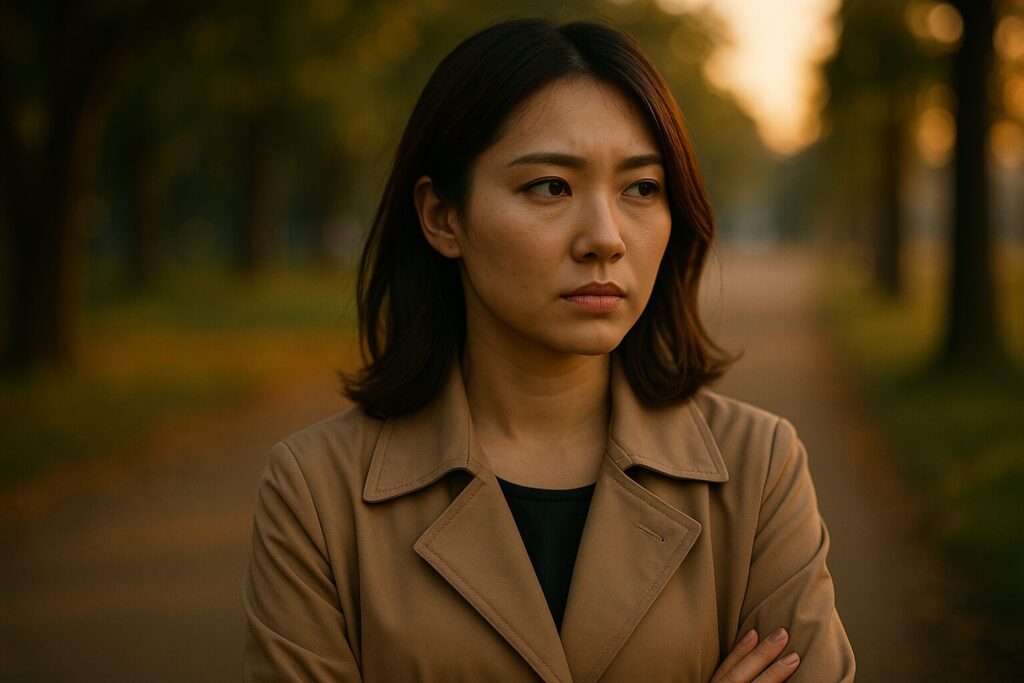 夕暮れの並木道で、腕を組みながら真剣な表情を浮かべる若い日本人女性。静かに決意を固めるような雰囲気が、“不倫する女に壊されない人生”を選ぶ強さを象徴している。