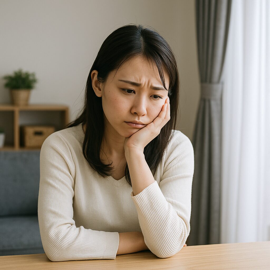 落ち込んだ表情でテーブルに頬杖をつく30代前後の日本人女性。日差しの差し込む部屋で一人、深く考え込んでいる様子が伝わる。背景にはナチュラルな家具とカーテンがあり、穏やかで静かな空間が広がる。