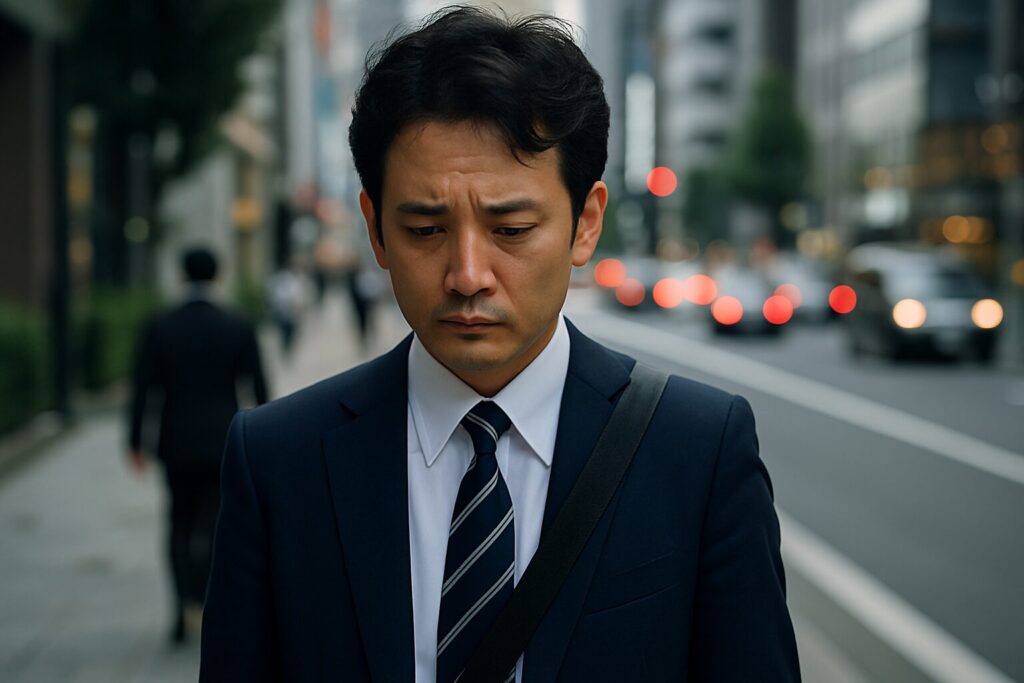 スーツ姿の日本人男性が、都心の歩道を一人で歩きながら、憂いを帯びた表情でうつむいている様子。背景には車や歩行者がぼかされ、彼の不安げな顔に焦点が当たっている。