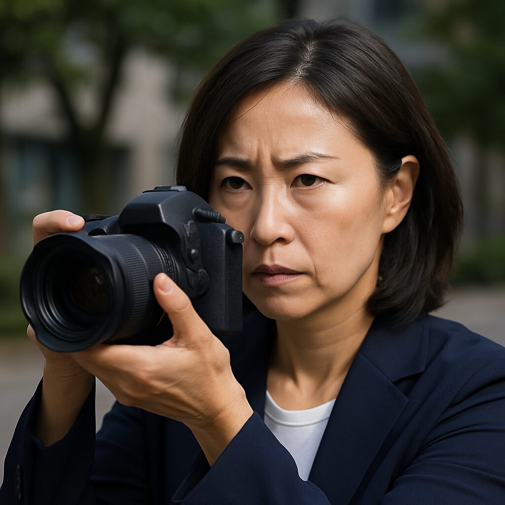 真剣な表情でカメラで撮影している40代くらいの女性