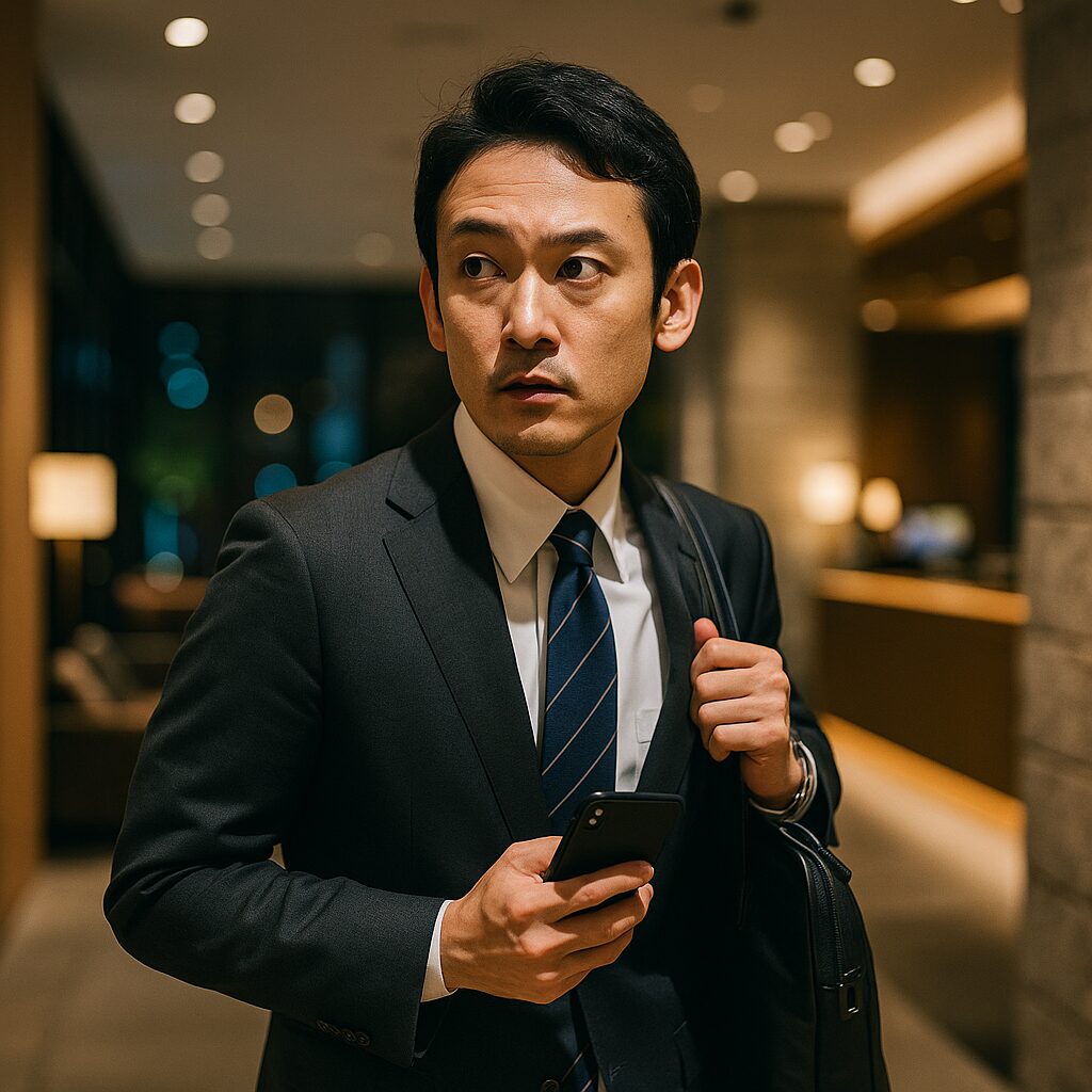 誰かを警戒するように周囲を見回すビジネスマン」