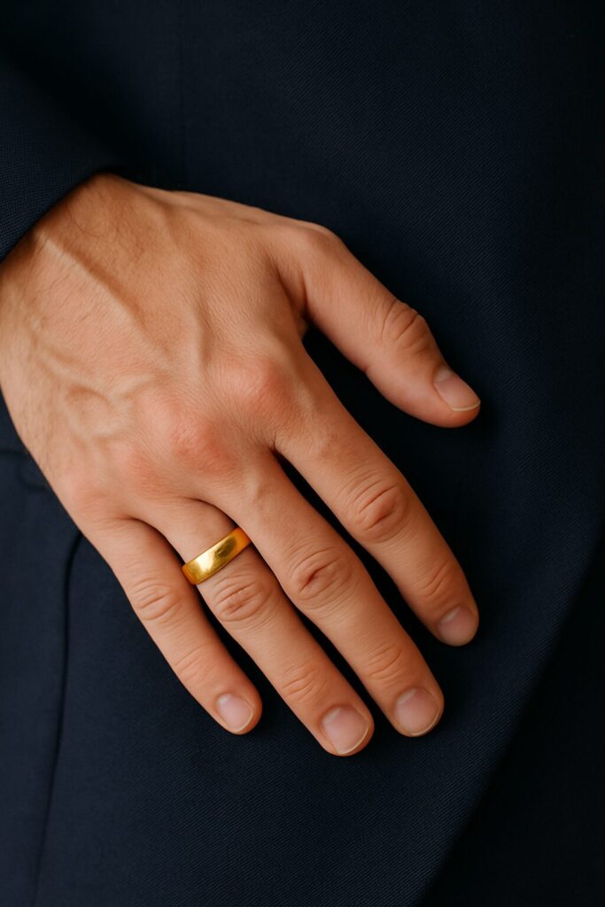 濃紺のスーツに左手を添えた男性の手元にフォーカスした写真。薬指には光沢のあるゴールドの結婚指輪がはめられており、柔らかい光が金属の質感と手肌の細部を繊細に浮かび上がらせている。