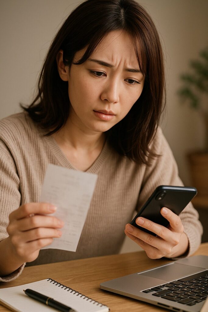 レシートを手に持ち、スマートフォンを見ながら不審そうな表情を浮かべる若い日本人女性。木製のテーブルの上にはノートとペン、ノートパソコンが置かれており、調査や分析をしているような緊張感あるシーン。