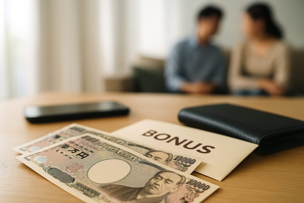 テーブルの上に並ぶ1万円札と「BONUS」と記された封筒。背景にはややぼかされた日本人夫婦が座っており、緊張感のある雰囲気が漂う。金銭と家庭の不穏な関係性を象徴するシーン。