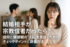若い日本人女性が顎に手を添えて真剣な表情で考え込んでおり、背景ではカップルが話し合っている姿がぼやけて映っている。宗教や信仰をめぐる結婚への不安を表現した場面。