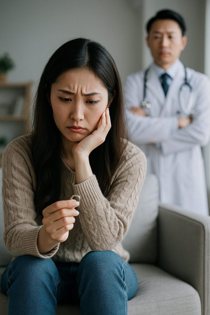 若い日本人女性がソファに座り、左手で頭を支えながら婚約指輪をじっと見つめる。不安と疑念の表情を浮かべている。背景には白衣を着た男性が腕を組んで立っており、医師に見えるがどこか不自然な印象がある。