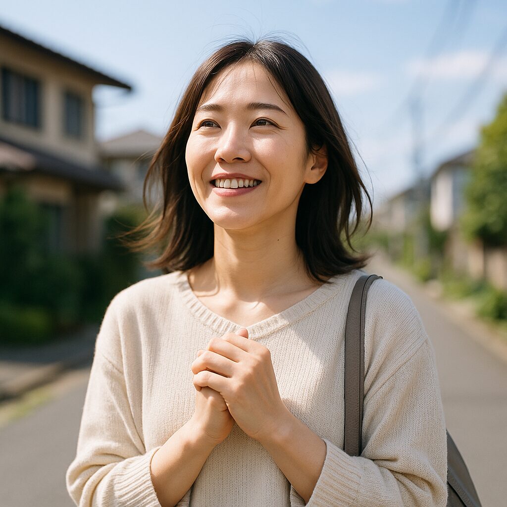 明るい日差しの下、静かな日本の住宅街を歩く若い日本人女性。クリーム色のニットに肩掛けバッグを身に着け、穏やかな笑顔で空を見上げる姿が、前向きな再出発を感じさせる一枚。背景には整った和風の家並みと青空が広がる。