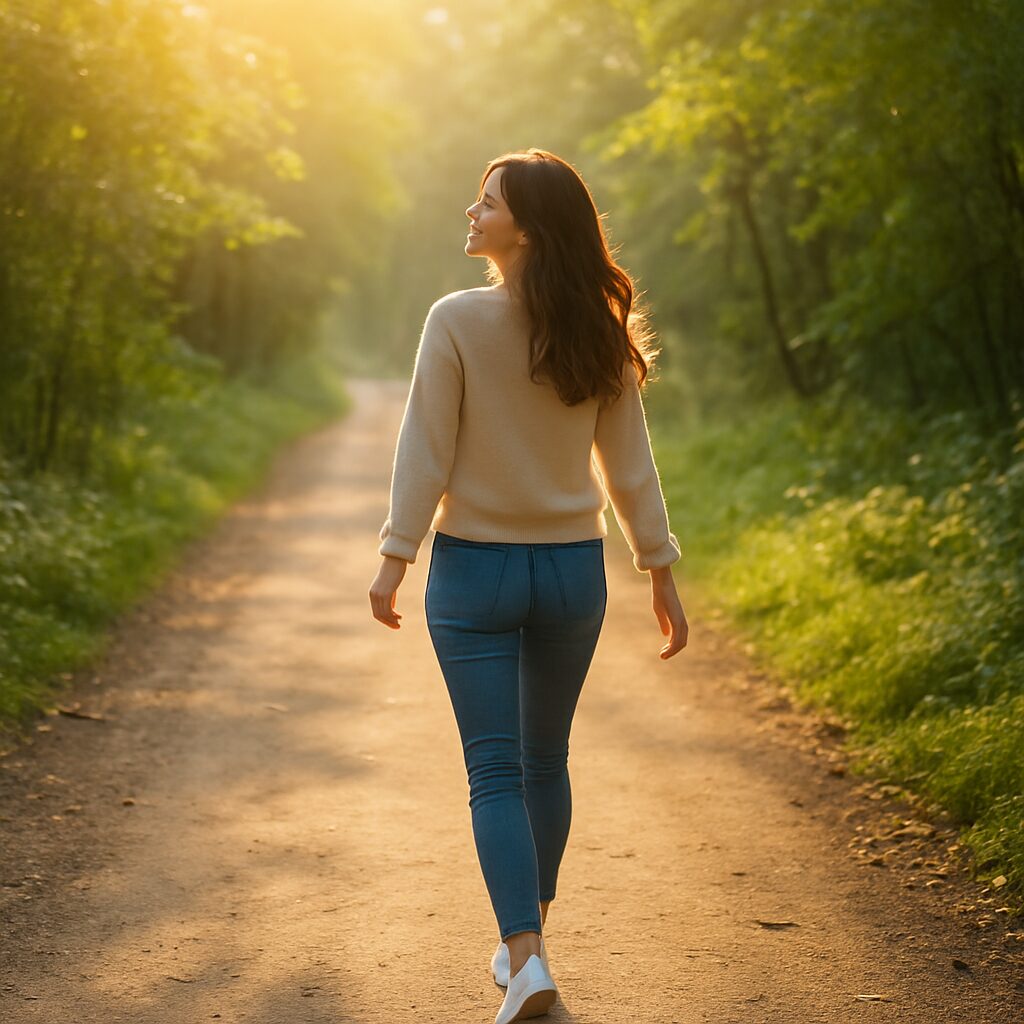 朝の自然道を笑顔で歩く女性の後ろ姿