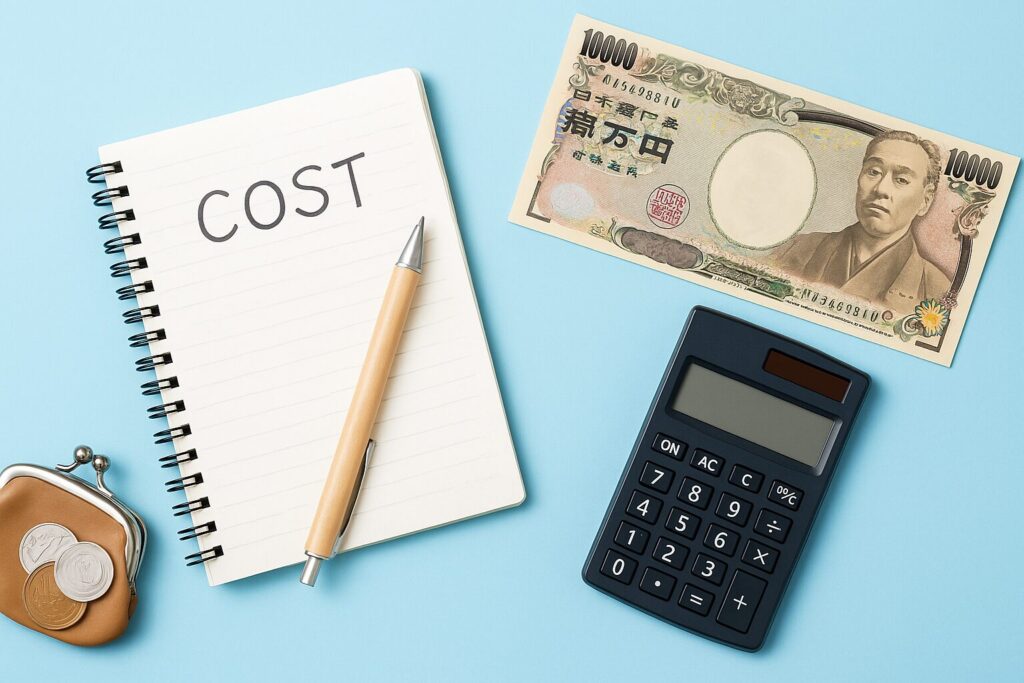 電卓、1万円札、コイン入りのがま口、そして“COST”と書かれたノートとペンが青い背景に整然と並ぶ、費用イメージを強調したフラットレイ写真。